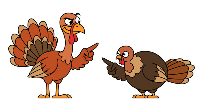 Turkey cartoon character pointing accusingly at another turkey featuring bird, poultry