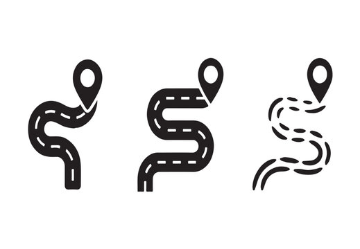 Winding road paths with location pin icons set black silhouettes for navigation tracking and route mapping uses.
