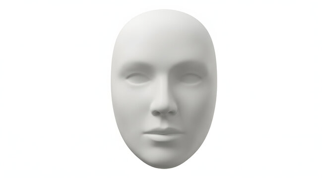 Smooth matte white ceramic blank face mask with neutral expression for product design mockups