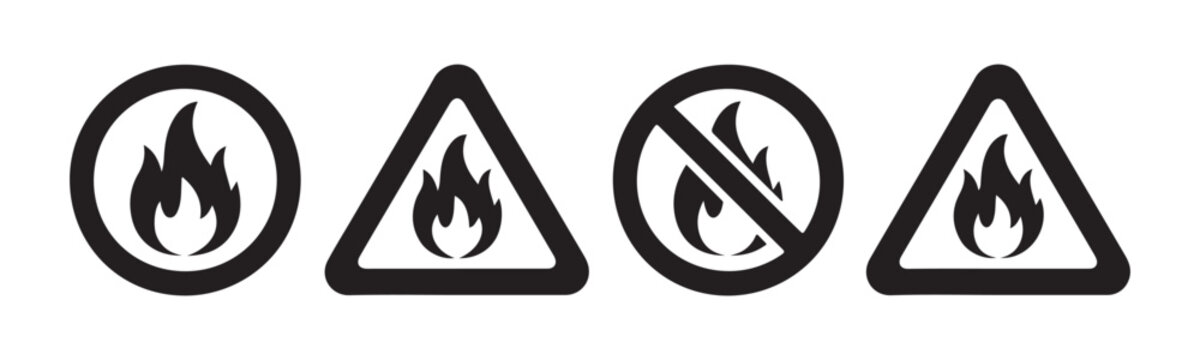 Flammable warning sign icons set with fire hazard safety symbols for industrial prevention labels.