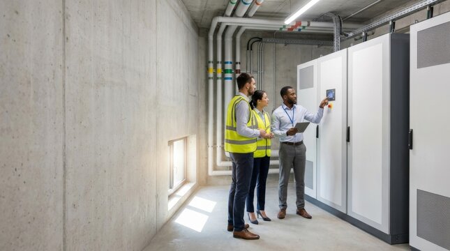 Energy Storage and Battery Solutions for Grid Resilience, Three professionals in safety vests discussing equipment in a modern facility corridor.