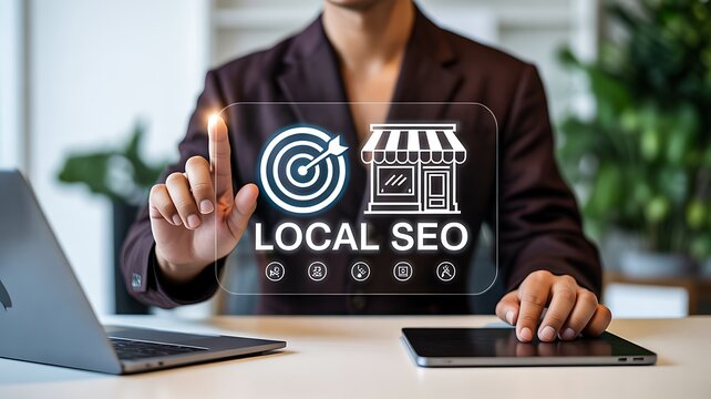 Local SEO Digital Marketing Concept with Target, Store Icon and Business Professional