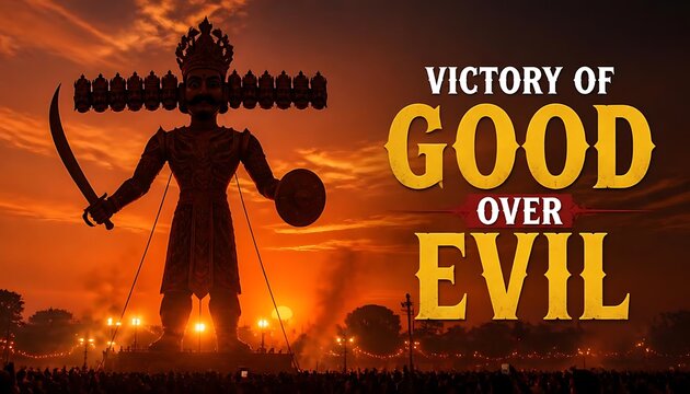 Traditional effigy of ten-headed king ravana standing against a dramatic golden sunset
