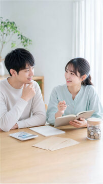 貯金瓶を置いたテーブルで家計について話す夫婦