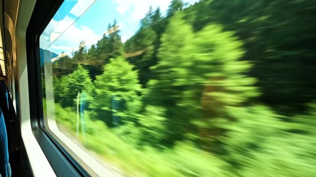 View through passenger train window looking out at fast motion blur of green trees, pine forest, scenic mountains, sparkling river on sunny summer day during scenic railway travel journey.