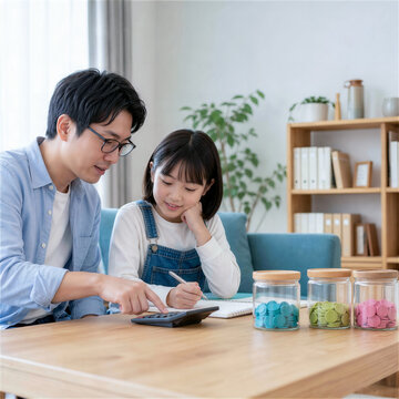 電卓と色別の貯蓄容器でお金を学ぶ父親と娘