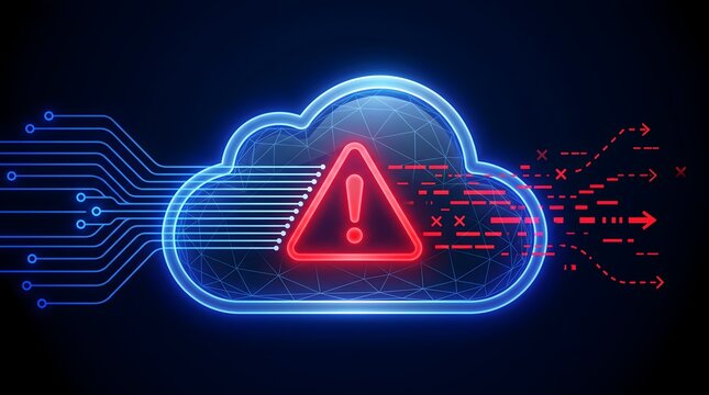 Digital cloud computing security alert with warning triangle and data stream disruption cybersecurity threat concept