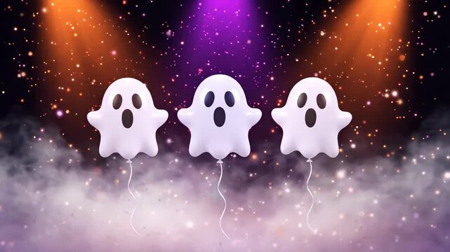 3D ghost shaped balloons floating with magic sparks and stage lights