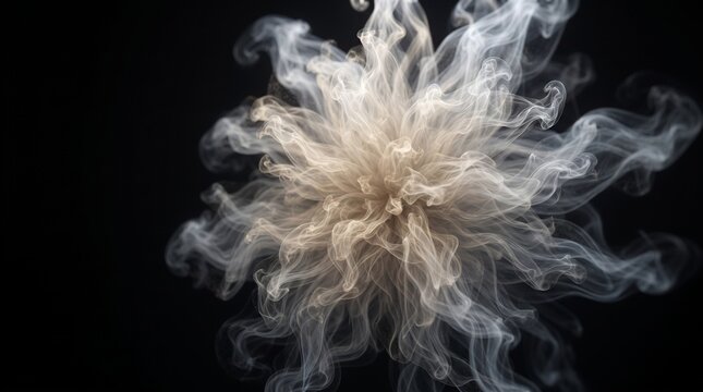 Abstract smoke explosion on black background, swirling white vapor burst, dynamic gas cloud texture for creative design overlays