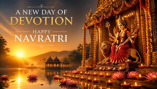 Divine hindu goddess statue at a temple near the river during a sunrise navratri