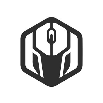 Computer mouse logo design inside a hexagonal shape representing modern gaming and technology