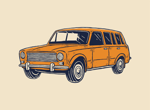Vintage orange station wagon illustration drawn in a retro halftone automotive style for classic car branding.