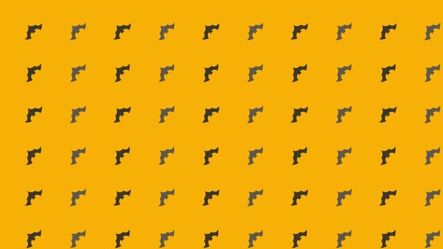 Repeated black pixelated gun icons on a yellow background in orderly grid rows of sixty units. Ideal for gunthemed designs adn halloween background
