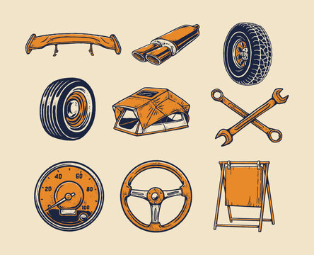 Vintage garage element set featuring a car spoiler, exhaust pipe, tires, rooftop tent, wrenches, speedometer, and steering wheel for automotive branding.