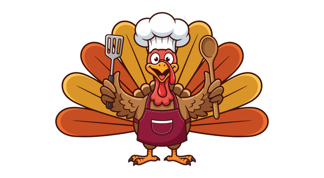 Turkey chef cartoon character with cooking utensils, apron, and chef's hat featuring food, culinary