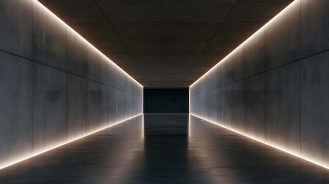 Elegant Big Hall Concrete Glossy Underground Showroom Garage Gallery Hallway Tunnel Corridor Studio White Lights Stripe Empty Dark Grunge 3D Rendering