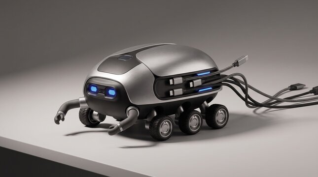 A futuristic six-wheeled robot bug with glowing blue eyes and multiple USB cables on a clean surface
