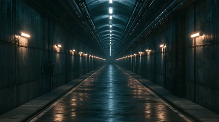 Fototapeta premium Dark Concrete Led White Lights Underground Tunnel Corridor Cement Asphalt Hallway Warehouse Tunnel Corridor Metal Structure Realistic Empty 3D Rendering
