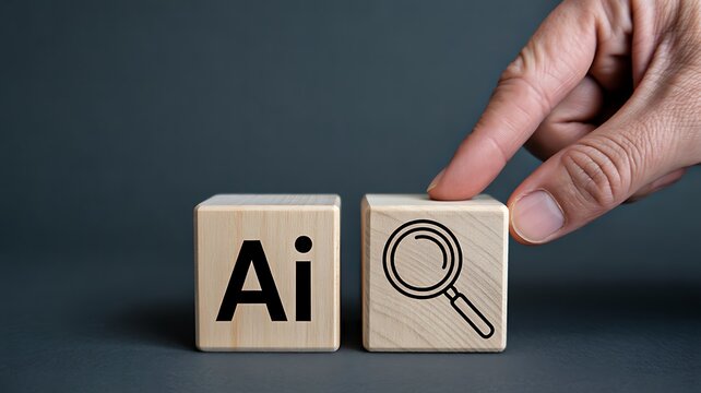 AI and search concept represented by wooden blocks on dark background