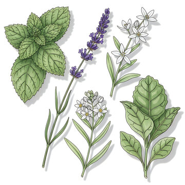 Illustrated collection of herbs and lavender flowers