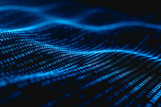 Abstract visualization of binary code arranged in wavy digital forms, representing data flow and modern information technology.