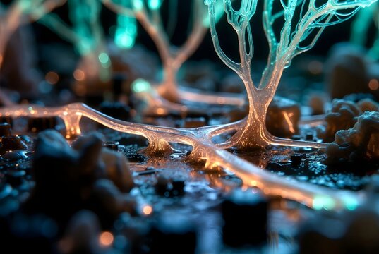 Abstract glowing neural network structure growing on microchip circuit board