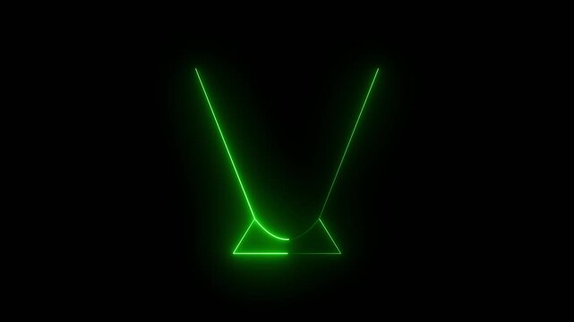 Glowing green neon letter v shape with dotted light lines