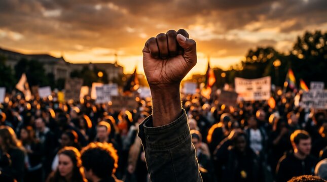 Black person raising a fist in protest at a large public demonstration during a golden sunset