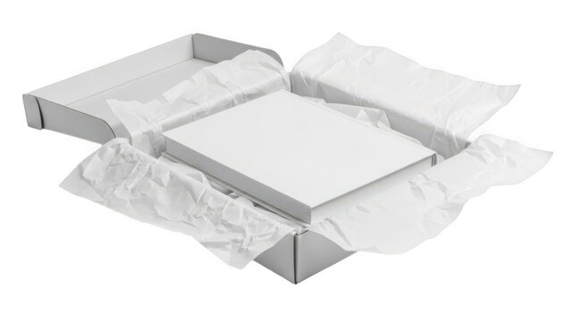 Open cardboard box with protective tissue paper isolated on transparent background