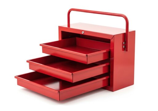 Red metal cantilever toolbox with open trays