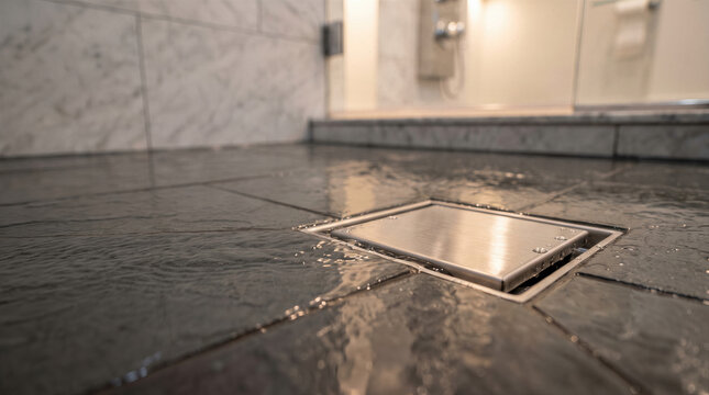 Water flowing into stainless steel shower floor drain with wet slate tile in modern bathroom.