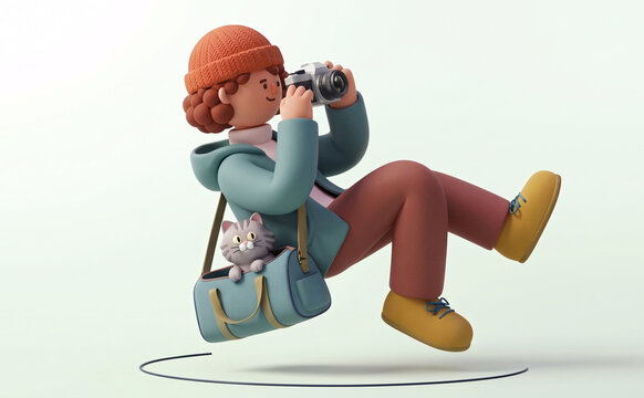 3D Character Photographer Leaping with Camera and Cat Peeking from Bag