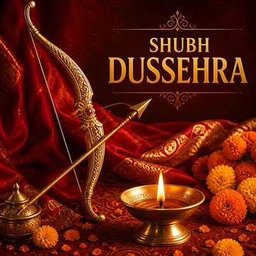 Traditional golden bow and arrow with glowing oil lamp for dussehra festival celebration