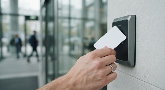 Close-up of a person swiping a white access card on a digital reader security system at office building entrance.