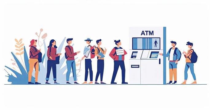 A line of people queue up to use an ATM, exemplifying common banking practices, personal finance management, and the everyday need for financial transactions