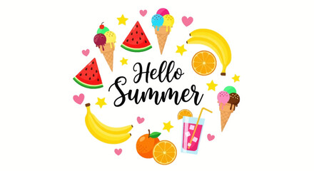 Fototapeta premium Bright summer circle with bananas watermelon and ice cream.
