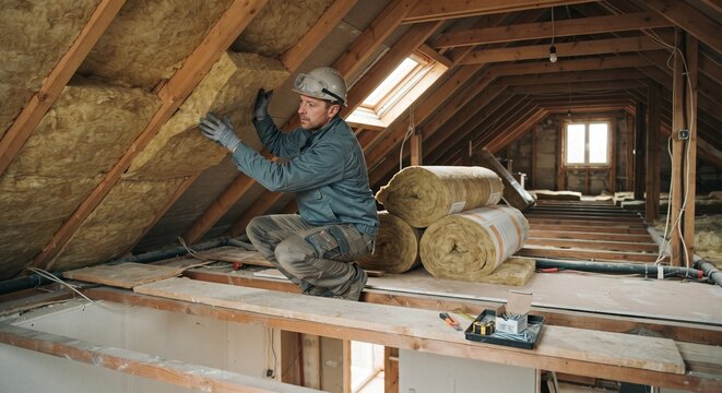 Construction worker installing thermal insulation material in the attic of a house.