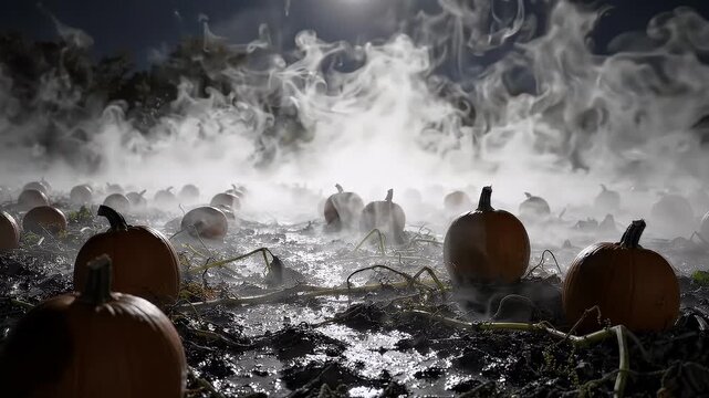 Spooky Halloween pumpkin patch covered in thick white fog at night under moonlight creating a mysterious atmosphere
