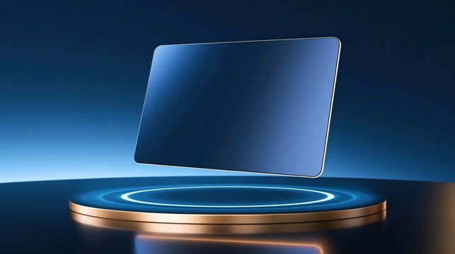 Floating blue glass panel above glowing circular platform with gold trim, set against gradient blue background with soft lighting and reflective surface