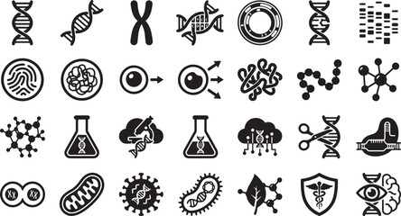 Fototapeta premium DNA and Genetics Icon Set - Biology, Biotechnology, Molecular Science, Gene Editing, Microbiology, and Science Lab Vector Icons