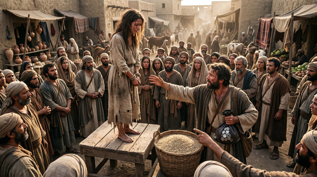 Hosea 3, The prophet Hosea lovingly redeeming his unfaithful wife Gomer from the slave market, paying with silver and barley