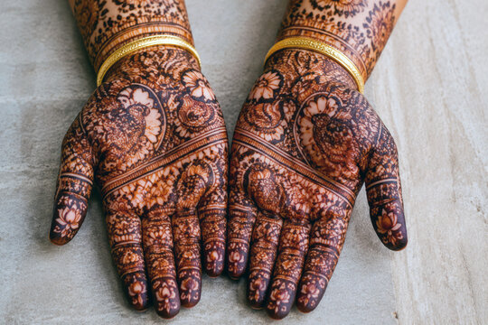 A bride's open palms display detailed reddish-brown henna patterns of flowers, paisley and geometric borders beside gold bangles. Bridal body art