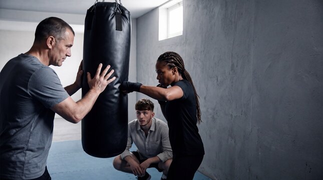 Trainer stabilisiert Boxsack w&auml;hrend Frau boxt