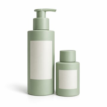 Two matte green cosmetic bottles with blank white labels, one with a pump dispenser and the other with a screw cap, set against a white background.
