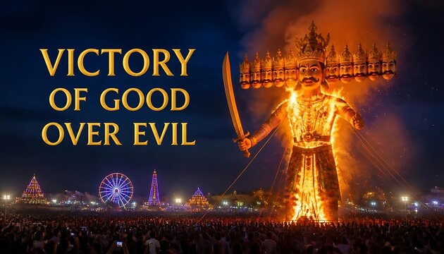 Victory of good over evil celebration with a burning effigy of ravana dussehra festival