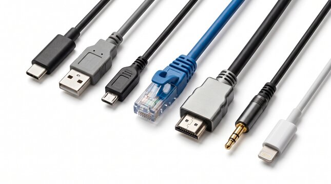 A collection of various electronic cables and connectors including usb ethernet hdmi and audio jacks arranged neatly on a white background surface