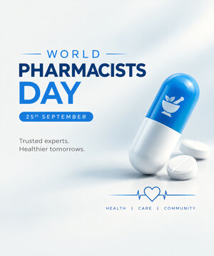 World pharmacists day celebration graphic featuring blue medical capsule and white pills for healthcare awareness on twenty fifth of September