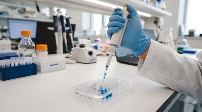 Scientist hand using precision pipette transferring blue liquid into 96 well microplate, modern laboratory research, close up, bright clean lab