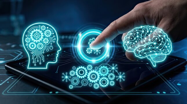 Hand interacting with digital screen displaying brain silhouette with gears and machine learning icons