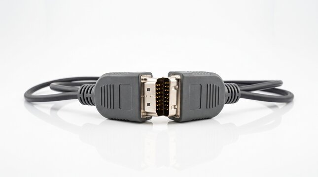 A close up studio shot of two black male and female hdmi cable connectors positioned together isolated on a white background surface